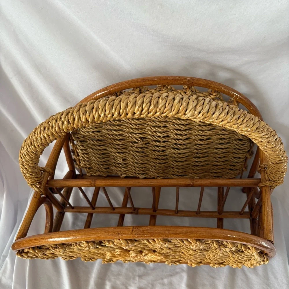 Vintage 70s rattan wicker magazine rack flower tan boho cottagecore home decor